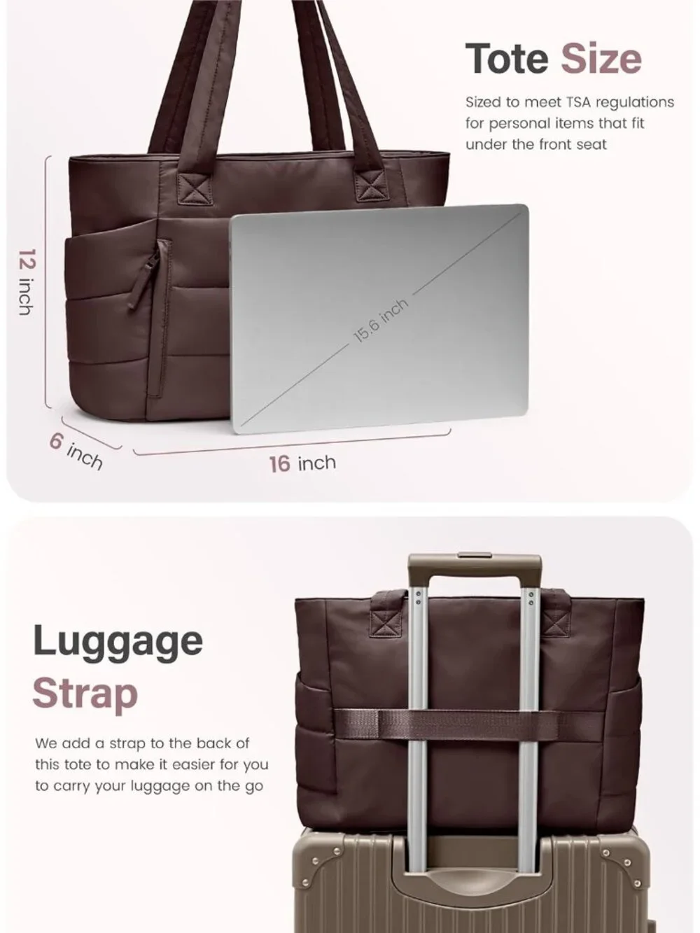 👜Women's Dark Brown Quilted Puffer Tote Bag Zipper Work Bag With Compartments